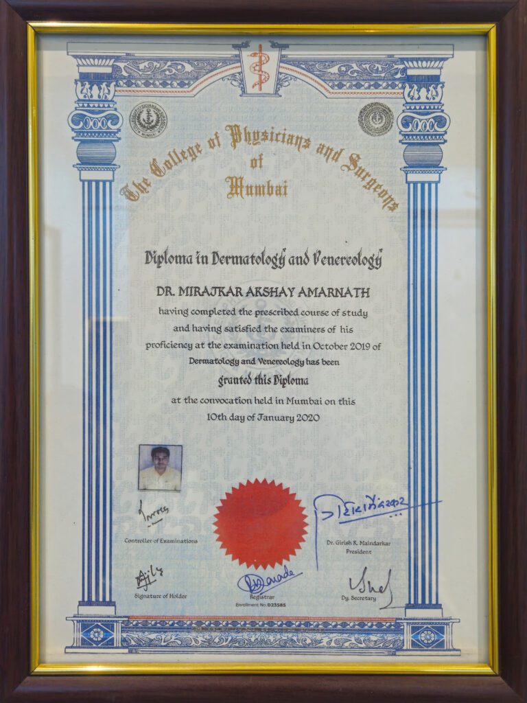 Diploma in Dermatology and Cosmetology from Mumbai Awarded to Dr. Akshay Mirajkar, Expert Skin and Hair Specialist at M Aesthetics, Baner Pune, Karad, and Satara
