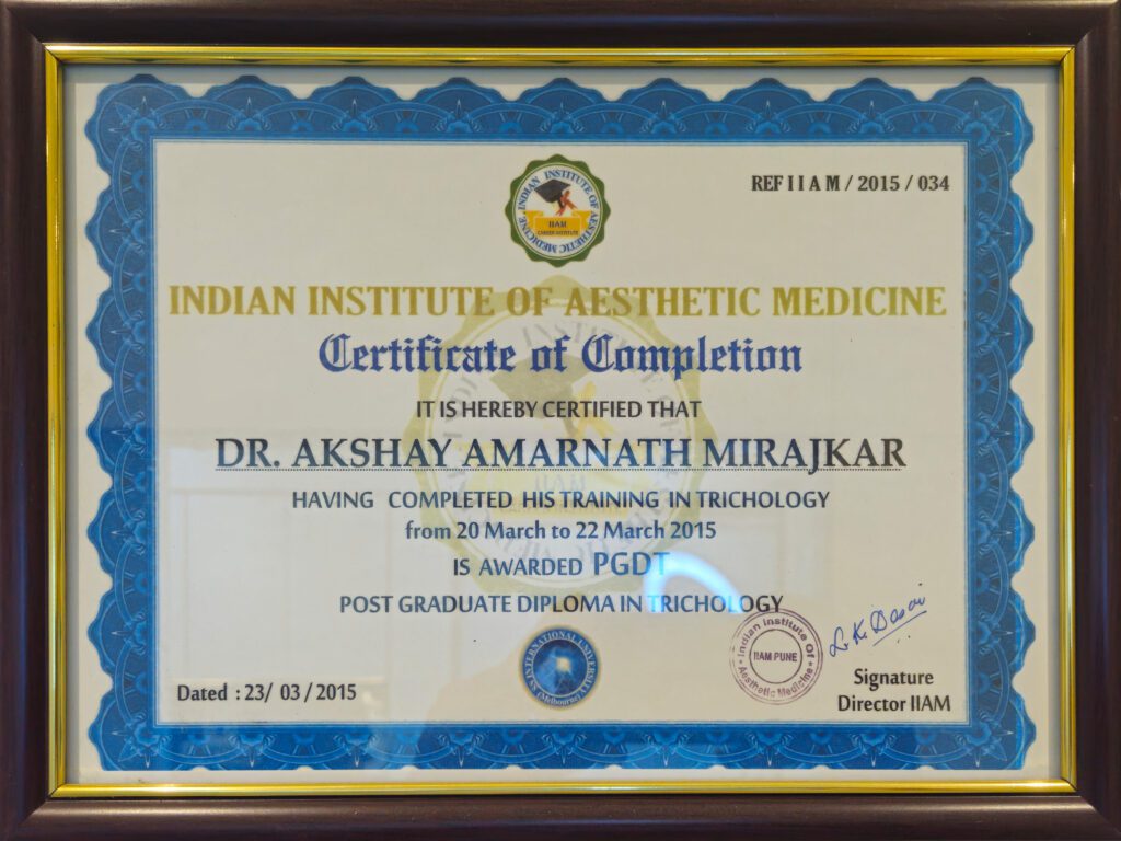Indian Institute of Aesthetic Medicine (IIAM) Certification Awarded to Dr. Akshay Mirajkar, Expert in Aesthetic Medicine at M Aesthetics, Baner Pune, Karad, and Satara
