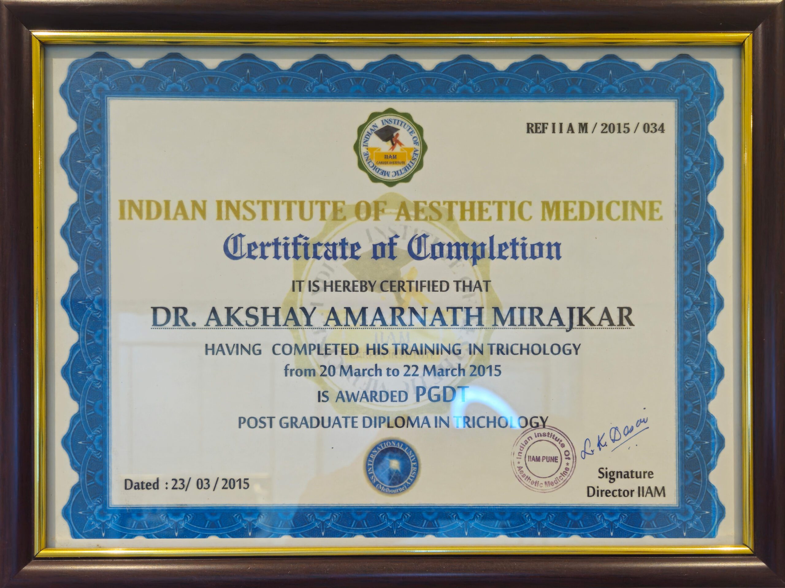 Indian Institute of Aesthetic Medicine (IIAM) Certification Awarded to Dr. Akshay Mirajkar, Expert in Aesthetic Medicine at M Aesthetics, Baner Pune, Karad, and Satara