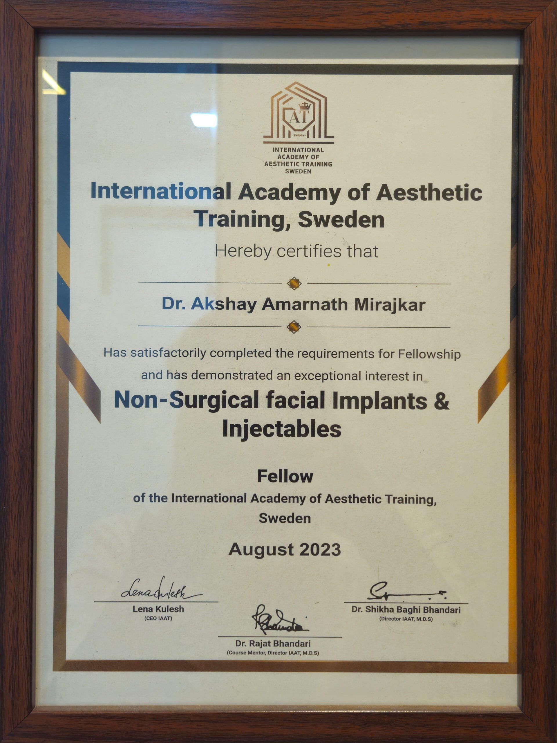 International Academy of Aesthetic Training Sweden Certificate Awarded to Dr. Akshay Mirajkar, Aesthetic Medicine Expert at M Aesthetics, Baner Pune, Karad, and Satara