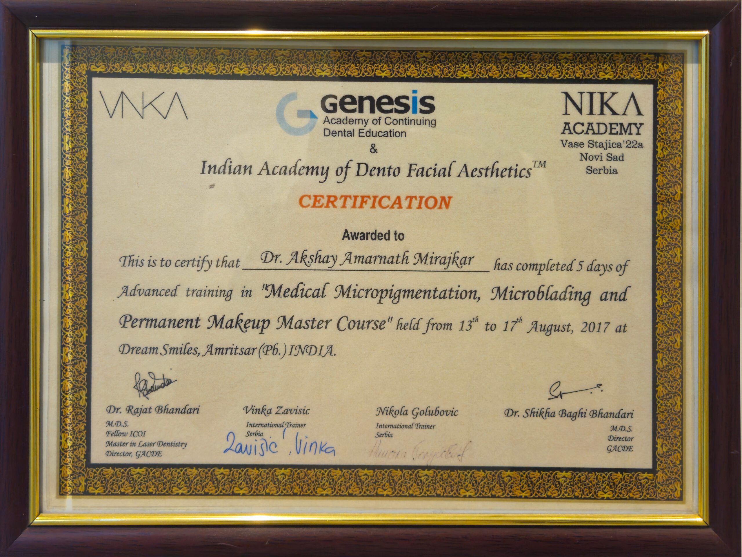 Genesis Aesthetic Certification of Dr. Akshay Mirajkar, Expert in Aesthetic Medicine at M Aesthetics, Baner Pune, Karad, and Satara