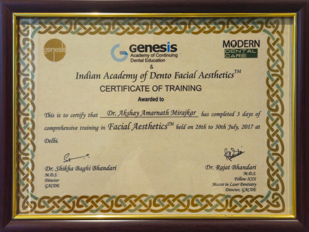 Genesis Aesthetic Certification of Dr. Akshay Mirajkar, Expert in Aesthetic Medicine at M Aesthetics, Baner Pune, Karad, and Satara
