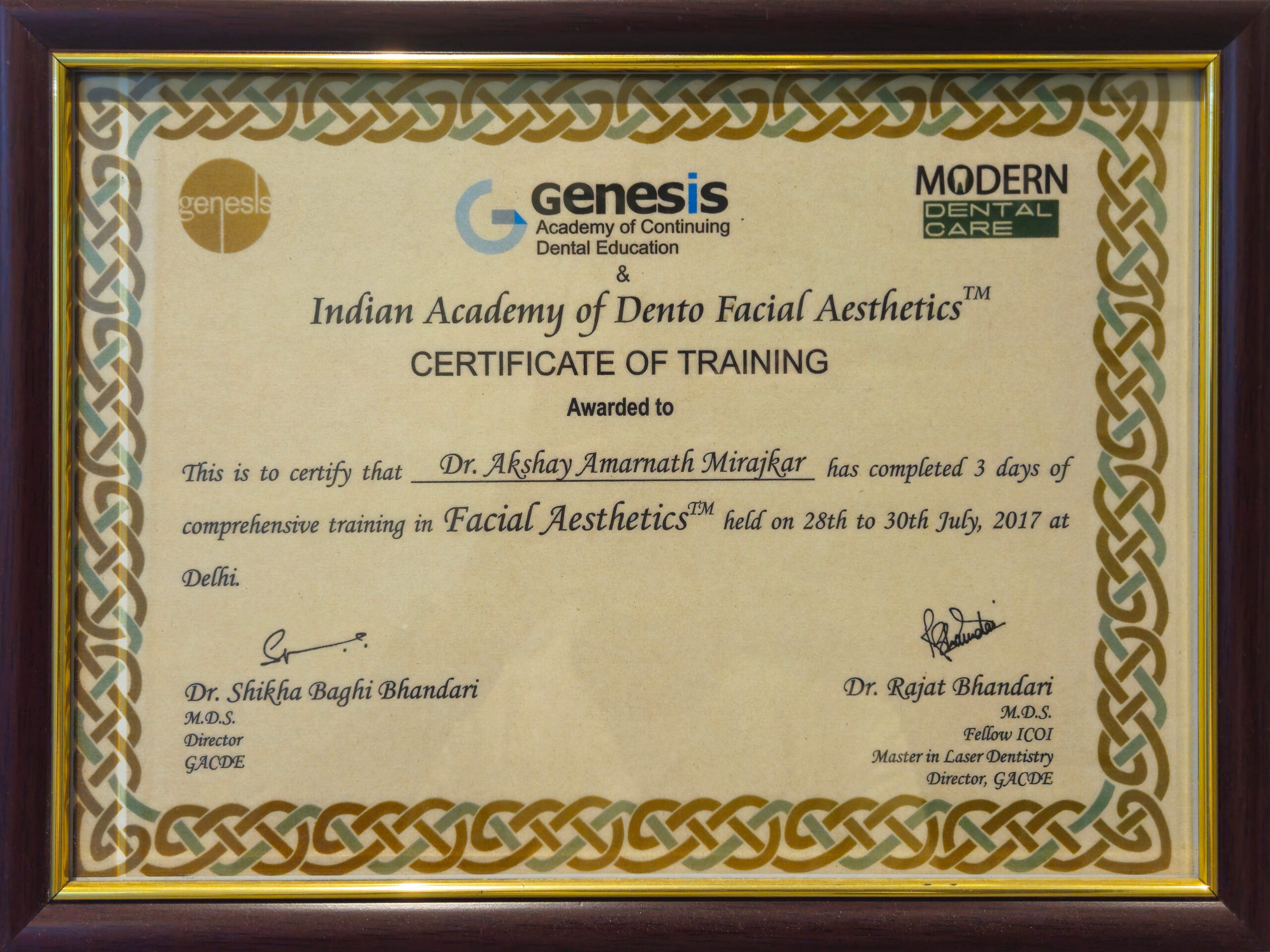 Genesis Aesthetic Certification of Dr. Akshay Mirajkar, Expert in Aesthetic Medicine at M Aesthetics, Baner Pune, Karad, and Satara