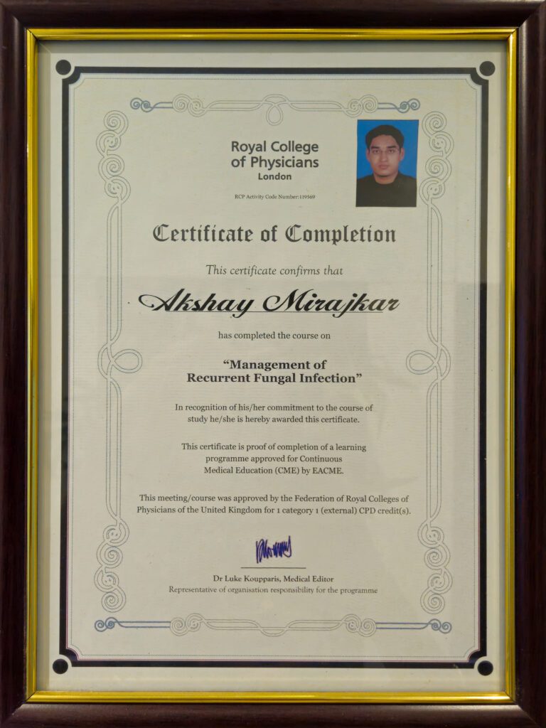 Royal College of Physicians London Certification Awarded to Dr. Akshay Mirajkar, Expert in Dermatology and Aesthetic Medicine at M Aesthetics, Baner Pune, Karad, and Satara