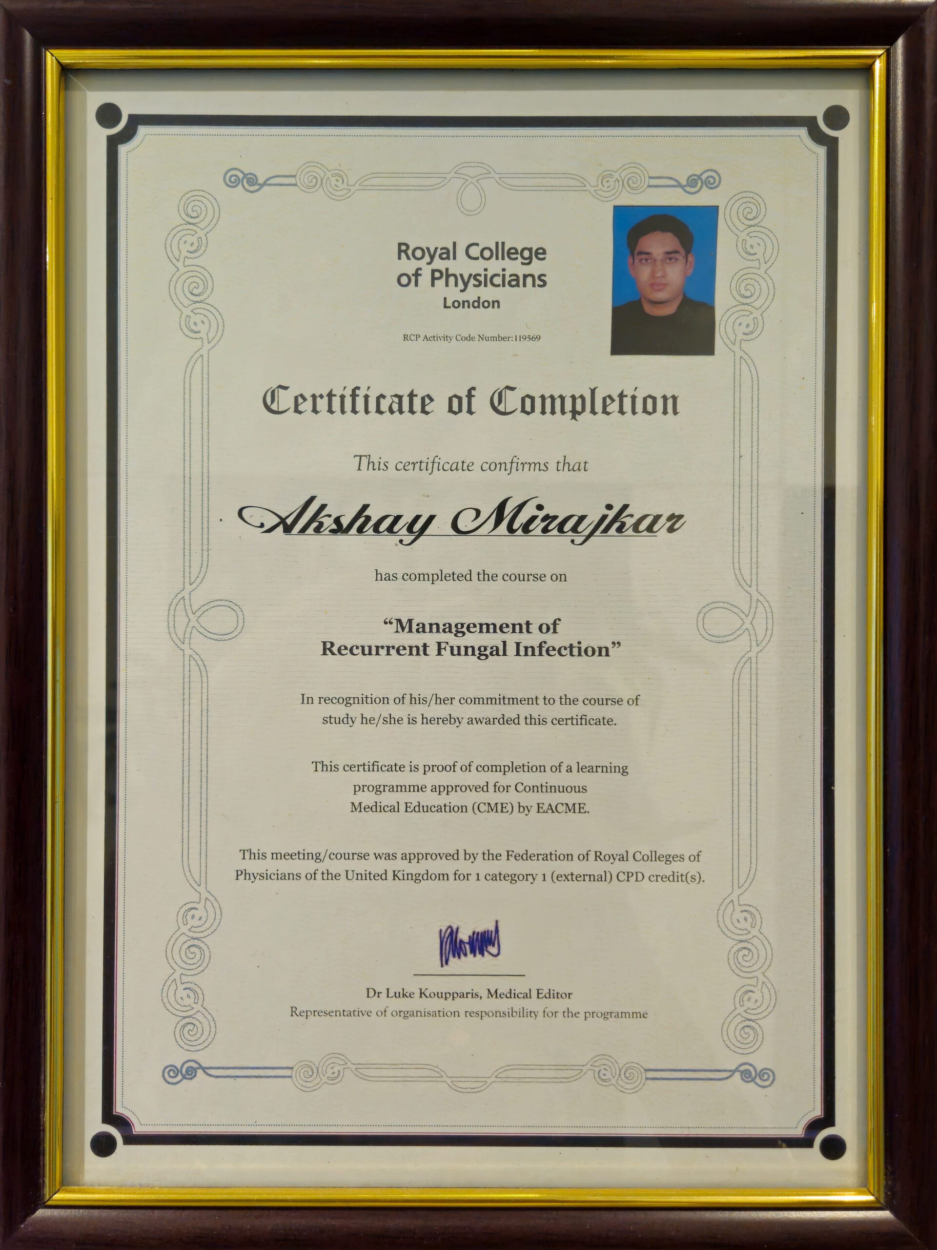 Royal College of Physicians London Certification Awarded to Dr. Akshay Mirajkar, Expert in Dermatology and Aesthetic Medicine at M Aesthetics, Baner Pune, Karad, and Satara