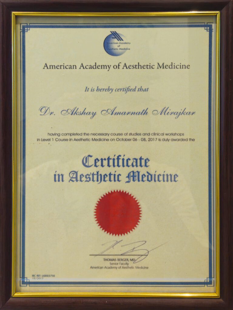 American Academy of Aesthetic Medicine (AAAM) Certificate Awarded to Dr. Akshay Mirajkar, Expert in Aesthetic Medicine at M Aesthetics, Baner Pune, Karad, and Satara