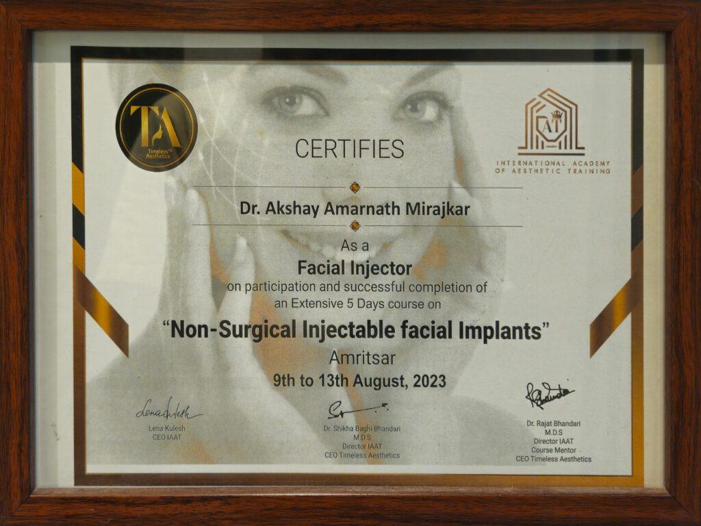 IAAT Certified Aesthetic Therapist Certificate of Dr. Akshay Mirajkar at M Aesthetics