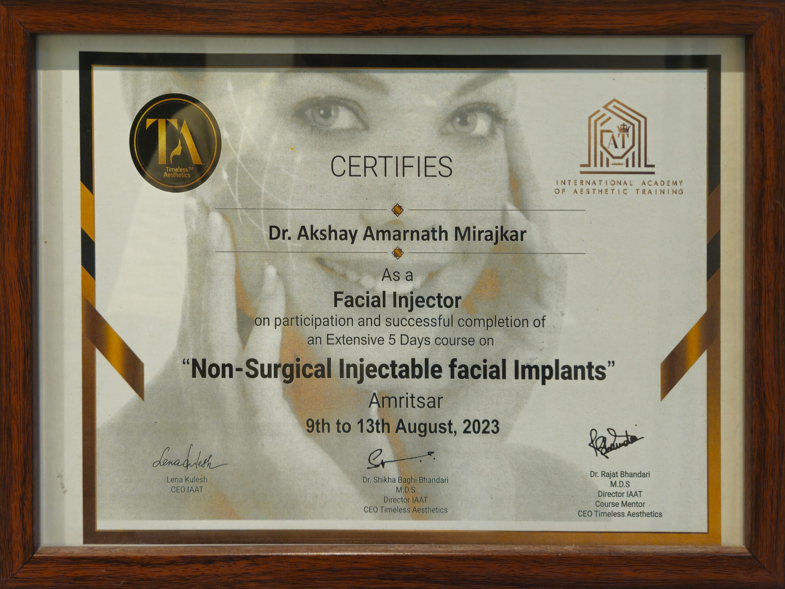 IAAT Certified Aesthetic Therapist Certificate of Dr. Akshay Mirajkar at M Aesthetics