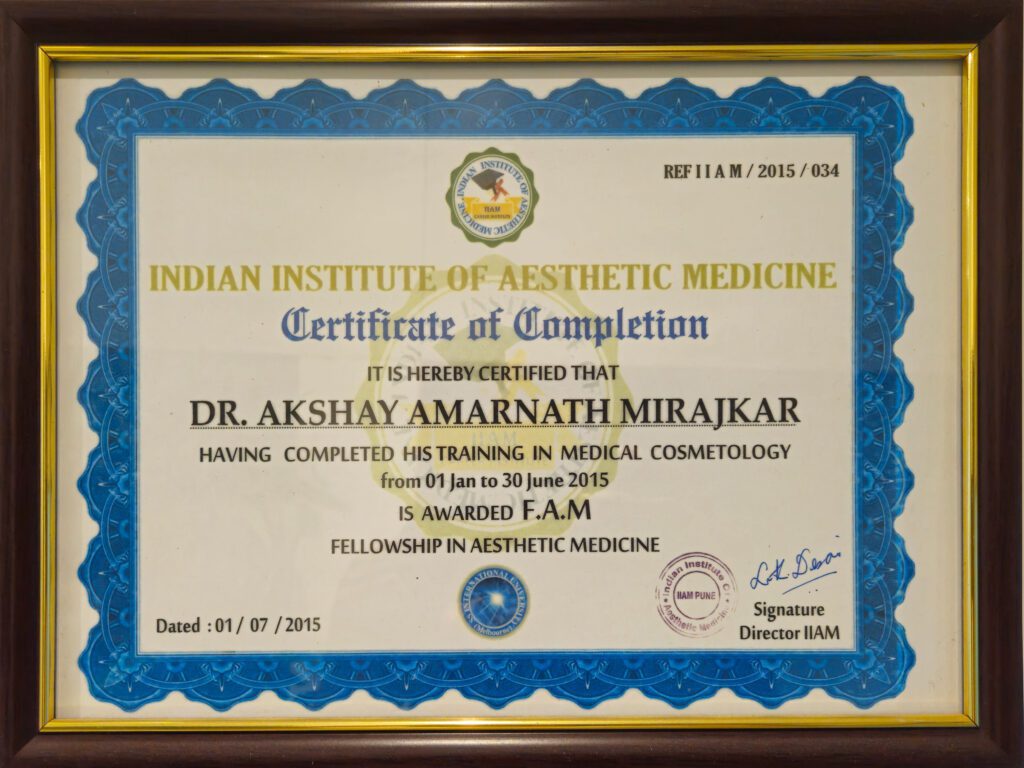 IIAM Certificate in Aesthetic Medicine Awarded to Dr. Akshay Mirajkar at M Aesthetics, Expert Dermatologist in Baner Pune, Karad, and Satara