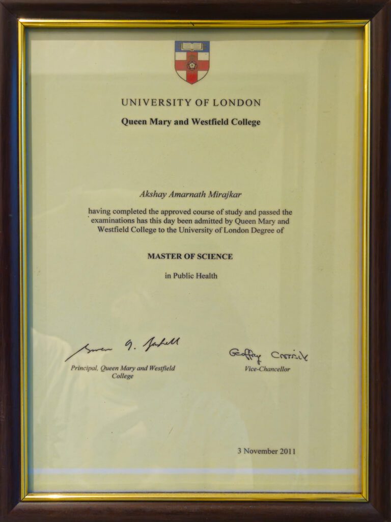 Akshay Mirajkar Certificate from Queen Mary University of London & Westfield College, Recognized for Excellence in Dermatology and Aesthetic Treatments