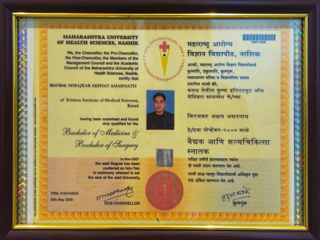 MUHS Nashik Certificate Earned by Dr. Akshay Mirajkar for Medical Excellence in Dermatology and Aesthetic Medicine