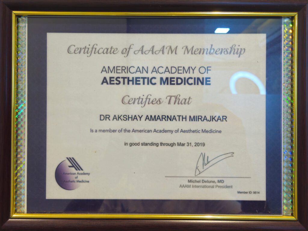 AAAM Certificate Awarded to Dr. Akshay Mirajkar for International Training in Aesthetic Medicine at M Aesthetics, Baner Pune
