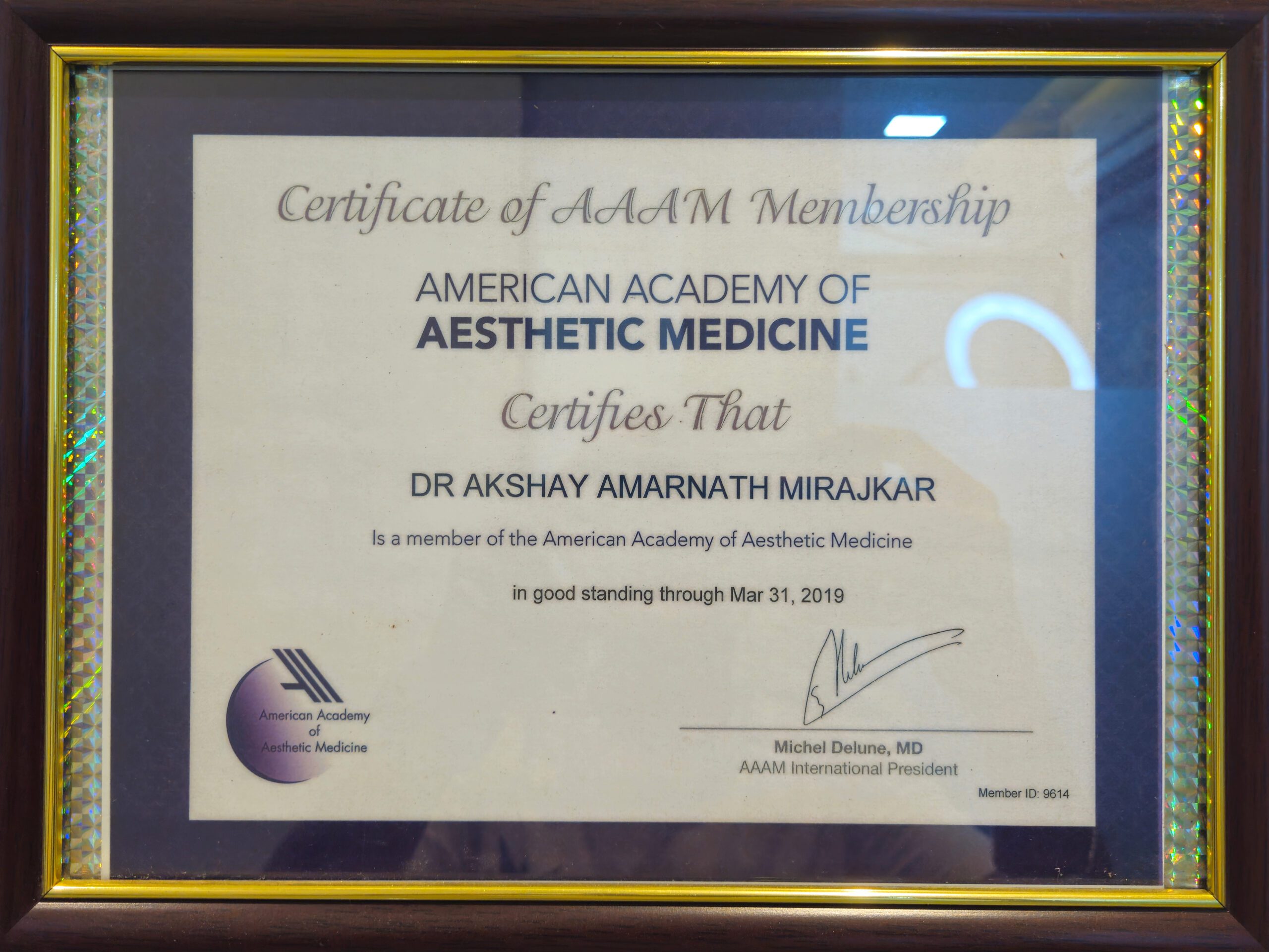 AAAM Certificate Awarded to Dr. Akshay Mirajkar for International Training in Aesthetic Medicine at M Aesthetics, Baner Pune