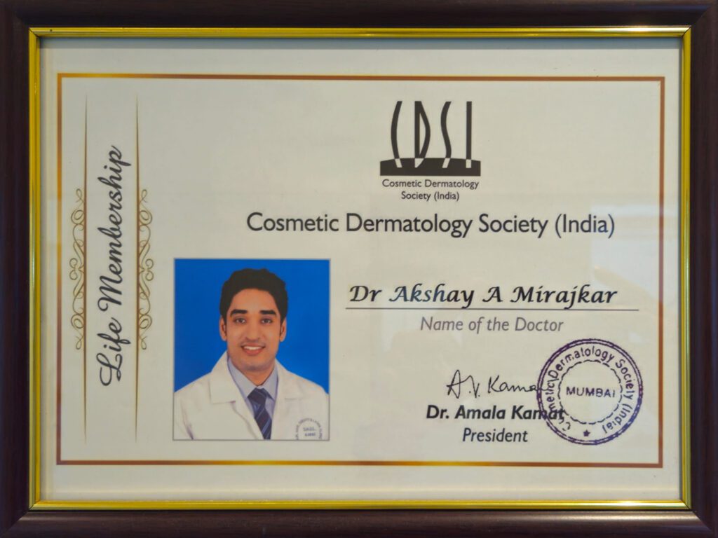 CDSI Certificate of Achievement for Dr. Akshay Mirajkar in Advanced Dermatology and Aesthetic Procedures at M Aesthetics, Baner Pune