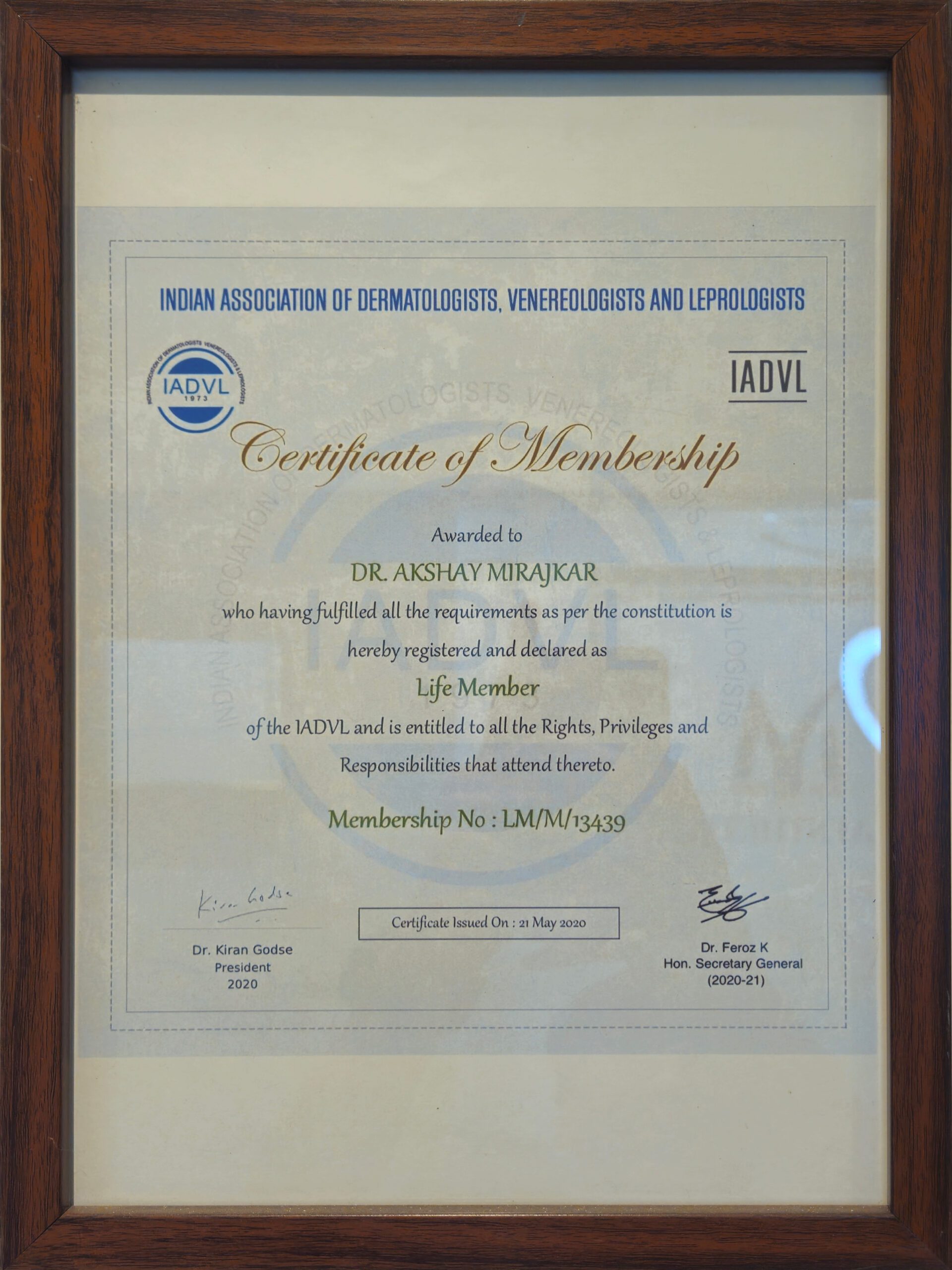 IADVL Certificate Awarded to Dr. Akshay Mirajkar for Expertise in Dermatology and Skin Treatments at M Aesthetics