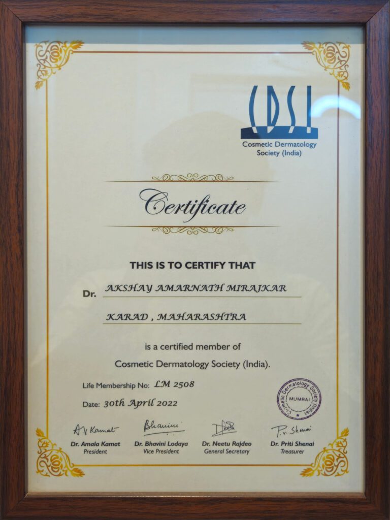 CDSI Certificate Awarded to Dr. Akshay Mirajkar Recognizing Clinical Excellence in Dermatology and Aesthetic Medicine at M Aesthetics