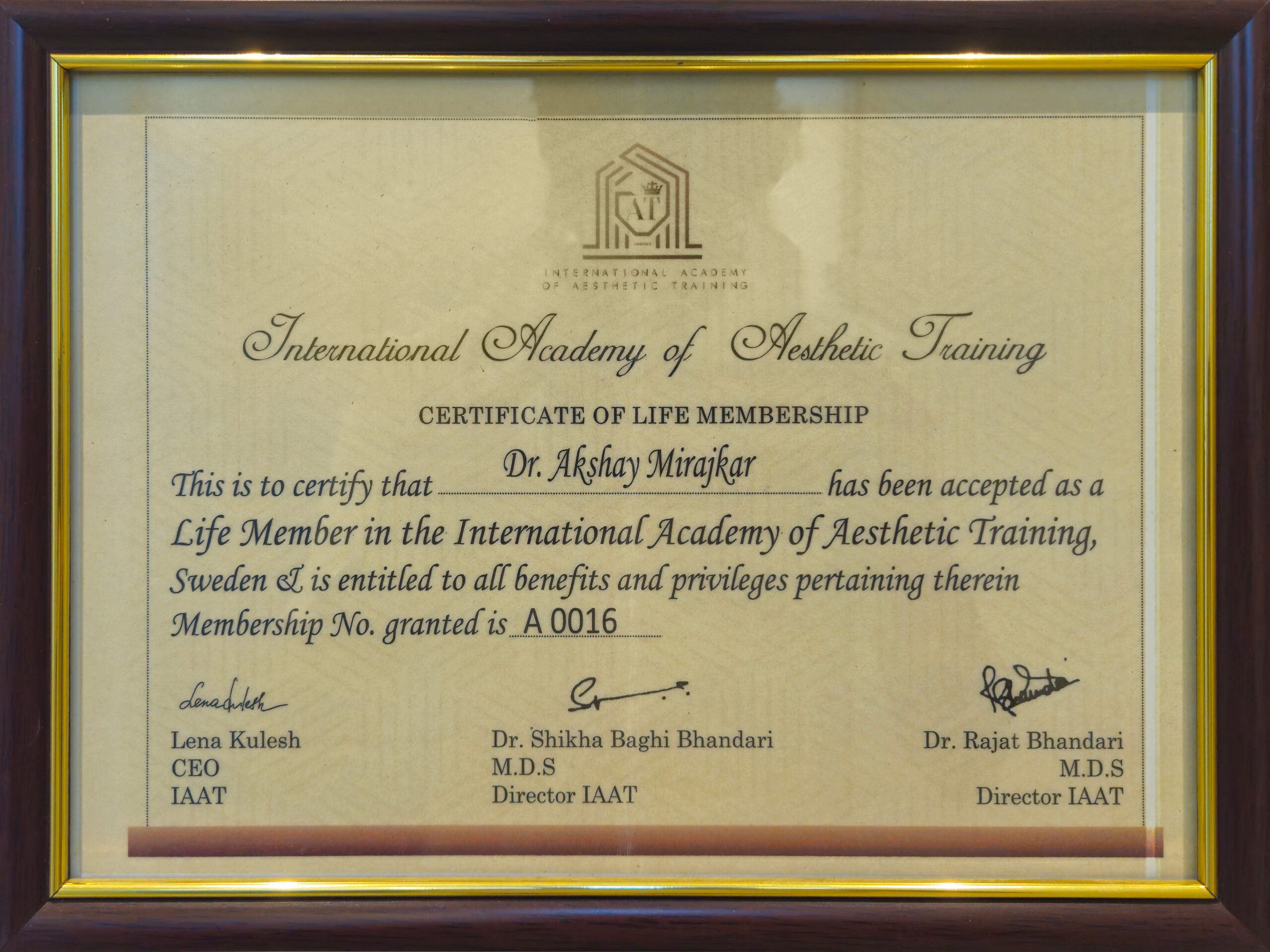 alt="International Academy of Aesthetics Training Certificate of Dr. Akshay Mirajkar for Global Expertise in Aesthetic Procedures and Advanced Skin Treatments at M Aesthetics, Pune, Karad, Satara